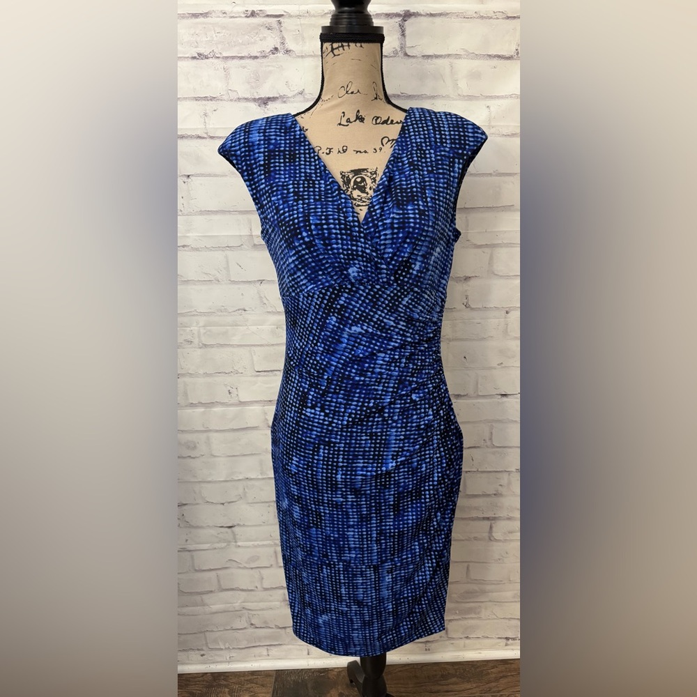 Lauren Ralph Lauren Blue 6 Wedding Guest Dress Midi Stretch Faux Wrap Slimming‎